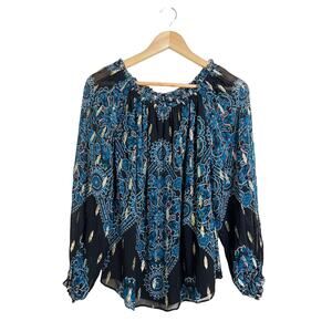 White House Black Market Women's Blue Boho Floral Metallic Peasant Blouse Small